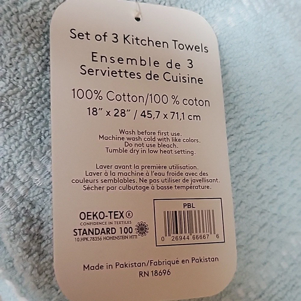Set of 3 Madison Studio Kitchen Towels Light Blue White Cotton Waffle 18